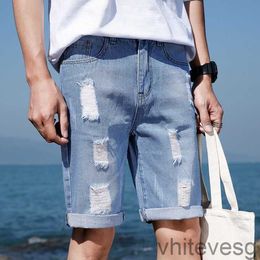 New Casual Men Shorts Clothing Ripped Hole Blue Short Jeans Pant Men Knee Length Denim Cotton Boys Summer Jeans Shorts Man VGG9