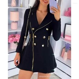 Casual Dresses Women's Double Breasted Zipper Mini Dress 2024 Autumn Winter Fashion Long Sleeve Turn-down Collar V-neck