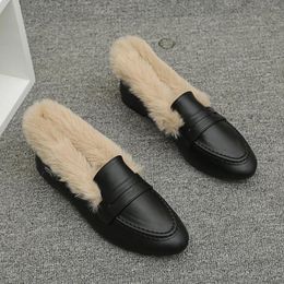 Casual Shoes Fur Leather Winter For Woman Big Size 41-43 Cotton Plush Moccasins Female Warm Furry Slip On Loafers Women Flats