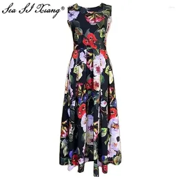 Casual Dresses Seasixiang Fashion Designer Summer Cotton Vest Dress Women O-Neck Sleeveless Sicilian Flower Print Vintage Party