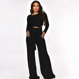 Women's Two Piece Pants Women Knitted 2 Set Solid Color Long Sleeve Lace-Up Crop Top And High Waist Wide-Leg Casual Street Outfits