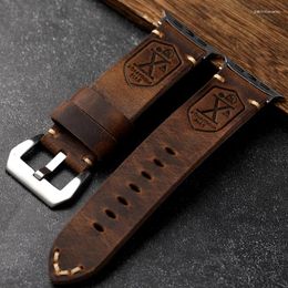 Watch Bands Handmade Vintage Crazy Horse Leather Bracelet 40MM 44MM 45MM 49MM Fits Apple S8 Ultra Folded Thick Brown Strap