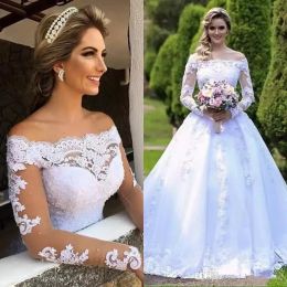 Dresses Princess Bateau Lace Ball Gown Wedding Dresses 3d Floral Applique Puffy Cheap Country Wedding Dresses Sheer Neck Long Sleeve Cover