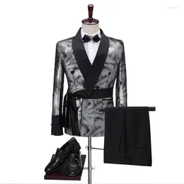 Men's Suits Double Breasted Shiny Silver Jacket Slim Fit Mens Blazer Pants Belt Wedding Groom Tuxedos Party 2 Piece Terno Masculino