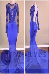 Royal Blue Prom Dresses African Formal Evening Gowns Appliques Sequined Mermaid Long Sleeve Party Dress Sexy Bakcless1871122