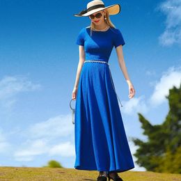 Party Dresses Summer Dress Short Sleeve O-neck Office Lady Blue Long Mid-calf Women At Work Birthday Gift