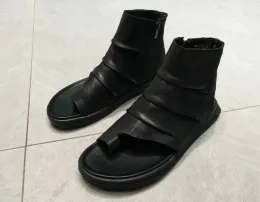 Sandals Mens summer shoes black genuine cow leather Flipflop sandals cool fashion high shaft back counter sandals boots