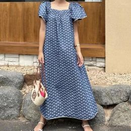 Party Dresses Women's Summer Vintage Loose Long Print Denim Dress Square Collar Wide Waisted Pullover Maxi Sundress Korea Style