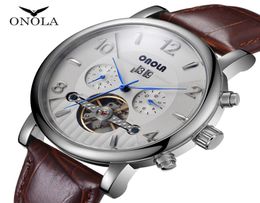 ONOLA Brand automatic mechanical watch men Wristwatch business formal dress leather belt high quality Stainless steel man watch7765964