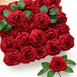 Decorative Flowers 25pcs Artificial Flower Red Rose Real Looking Fake Roses W/Stem Bouquets For Valentines Day Party Wedding DIY Decoration