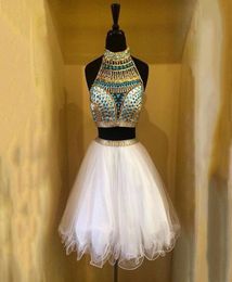 White Two Piece Homecoming Dresses High Neck Halter Crystal Beaded Tulle Short Prom Dresses Graduation Dresses With Sexy Back5939661