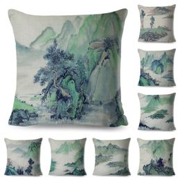 Pillow Chinese Ink Scenic Cover Decor Green Landscape Printed Pillowcase Polyester Case For Sofa Home Car Square 45x45