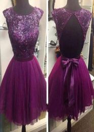 Charming Sexy A Line Short Purple Prom Dresses Sleeveless Crew Cut Out Back Sheer Bling Sequin Bridesmaid Dress Chiffon Evening Go1536573