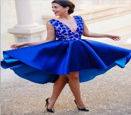 Royal Blue VNeck Homecoming Dresses Lace Top Sleeveless Open Backless Satin HiLo Prom Dresses Elegant Formal Dresses Short Eveni8348745