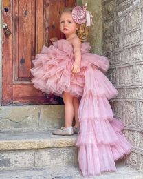 Dresses 2022 Lovely Pink Girl Pageant Dresses Jewel Neck Tutu Princess Tulle Ruffles Tiered High Low Length Kids Birthday Flower Girls Gow