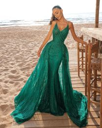 Dresses Elegant Jade Green Mermaid Prom Dresses With Beading Appliques Sleeveless Tulle Satin Evening Gowns Overskirt Sexy Spaghetti Strap