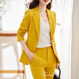 Women's Two Piece Pants Tesco Vibrant Yellow Suit Sets Single Button Blazer And 2 Formal Pantsuit For Wedding Party Female Outfits