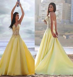 Gorgeous Tulle Satin Sweetheart Neckline Aline Formal Dresses With Lace Appliques Yellow See Through Prom Dress Beach Evening G7803935