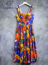 Casual Dresses SEQINYY Elegant Midi Dress For Women Cotton Vintage Flower Print Strapless Holiday Fashion Design Summer And Spring