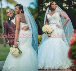 Dresses Beautiful African Lace Mermaid Wedding Dresses Plus Size Applique Sweetheart Beads Sash Country Arabic Bridal Gown Train Bride Dre