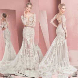 Dresses Luxury Zuhair Murad Wedding Dress 2017 Stylish Sexy See Through Mermaid Bridal Dress Sheer Scoop Lace Applique Long Sleeves Weddin