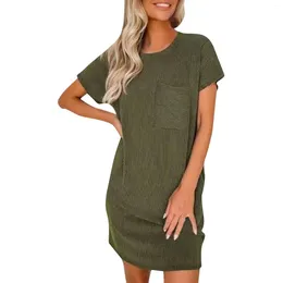 Casual Dresses Women Round Neck Above Knee Dress Sexy Mini Pocket For Ladies Fashion Summer Short Sleeve Solid Long T-Shirt