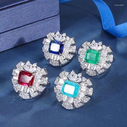 Cluster Rings EYIKA Luxury Square Paraiba Tourmaline Fusion Crystal CZ Flower Heart For Women Lab Sapphire Adjustable Ring Dress Jewellery