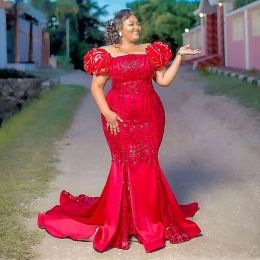 Dresses Red Mermaid Prom Dress Off The Shoulder Puffy Short Sleeves Sequined Lace Appliques Plus Size Evening Dress Wmen Birthday Gown