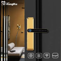 Lock Kingku WIFI Tuya Fingerprint Door Lock Smart Password Digital Handle Safe for Interior Doors Zinc Alloy Intelligent Lock