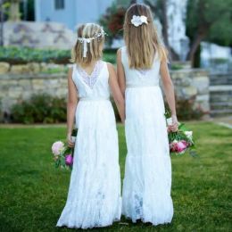 Dresses Boho Lace Flower Girls Dresses Country Style V neck Sash Weddings Juniors Bridesmaids Dress Cheap Long Kids Birthday Dress Beach W