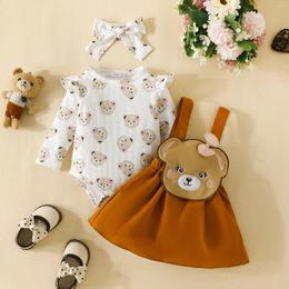 Clothing Sets 3Pcs Spring Baby Girl Cute Bear Long Sleeve Triangle Onesie Embroidered Bow Strap Skirt Set Hair Band Autumn And Winter