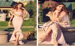 2016 Pink Mermaid Evening Dresses with Gold Applique Moroccan Caftan Hi Low Evening Gowns Custom Made4098999