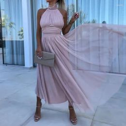 Casual Dresses Elegant Backless High Waist Hem Long Party Dress Summer Solid Colour Halter Lace-up Lady Sleeveless Mesh Pleated Boho