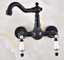 Bathroom Sink Faucets Black Oil Rubbed Bronze Kitchen Faucet Wall Mounted Dual Hnandle Swivel Basin Mixer Tap Lnf859