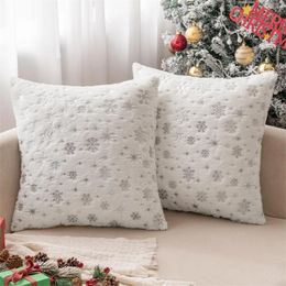 Pillow Christmas Decorative Throw Covers Set Of 2 Soft Silver Snowflake Glitter Printed Winter Pillowcases For Couch Sofa Room