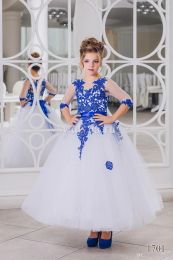 Dresses New Lovely Royal Blue Lace Appliques Flower Girl Dresses Half Sleeve With Bow Sash Ankle Length Girl Pageant Prom Party Gowns