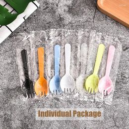 Disposable Flatware 100pcs 2-in-1 Sporks Plastic Spoon Forks For Cake Ice Cream Salad Fruit Dessert Restaurants And Kids Birthday Parties