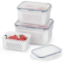 Storage Bottles 3Pcs Fruit Containers Food For Fridge Stackable Refrigerator Bins With Drain Baskets Plastic
