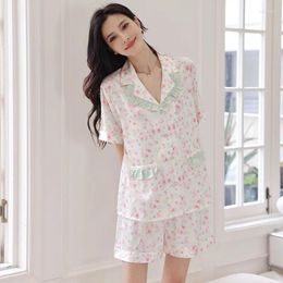 Home Clothing Summer Print Flower Nightwear Pijamas Suit Female Pajamas Set Short Sleeve Shorts Sleepwear Loose Satin Wear Loungewear