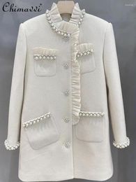 Women's Jackets European 2024 Winter Fashion Heavy Pearl Beading Lotus Leaf Side Clip Cotton Jacket Loose Long Sleeve Elegant Coat Women