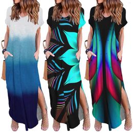 Casual Dresses Summer For Women 2024 V Neck Print Maxi Dress Loose Pockets Short Sleeve Split Beach Long Female