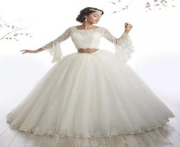 Lace Two Piece Quinceanera Dresses with Long Sleeves Arabic Style Ivory Prom Ball Gowns Sweet 15 Dresses Evening Wear Plus Size Pa8455886