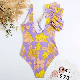 Women's Swimwear Floral Monokini Skirt Set Stylish Print One-piece Swimsuit With Chiffon Cover Up For Female