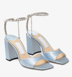Famous Design Women Saeda Sandals Shoes Crystal Chain Square Toe High Heels Footwear Sandalias Chunky Heels Lady Elegant Walking EU35-43
