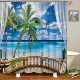 Shower Curtains 3d Waterproof Fabric Bathroom Beach Sea Sunny Scenery Printed Arch With Hooks Decoration Bath Screen