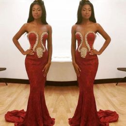 Dresses Dark Red Sweetheart Beaded Prom Dresses Cutaway Sheer Waist Mermaid Evening Gowns Sweep Train 2K17 South African Formal Party Dres