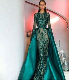 GiayMus Africa Prom Dresses Long Sleeves Sequins Evening Dresses Lace Dark Green Detachable Train Satin Tail Prom Dresses Vestidos2469600