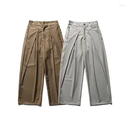 Men's Pants Men Loose Casual Half Elastic Waist Japanese Korean Vintage Streetwear Wide Leg Suit Cityboy Straight Trousers Man