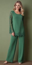Dark Green Mother Of the Bride Dress Formal Mother's Dresses Long Sleeve Custom Zipper Plus Size New Lace Chiffon Pant Suits Two Pieces O-Neck