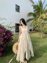 Casual Dresses Beige Sexy Embroidered Ruffles Party Slip Long Dress Korean Fashion 2024 Summer Vacation Birthday Evening Sundress